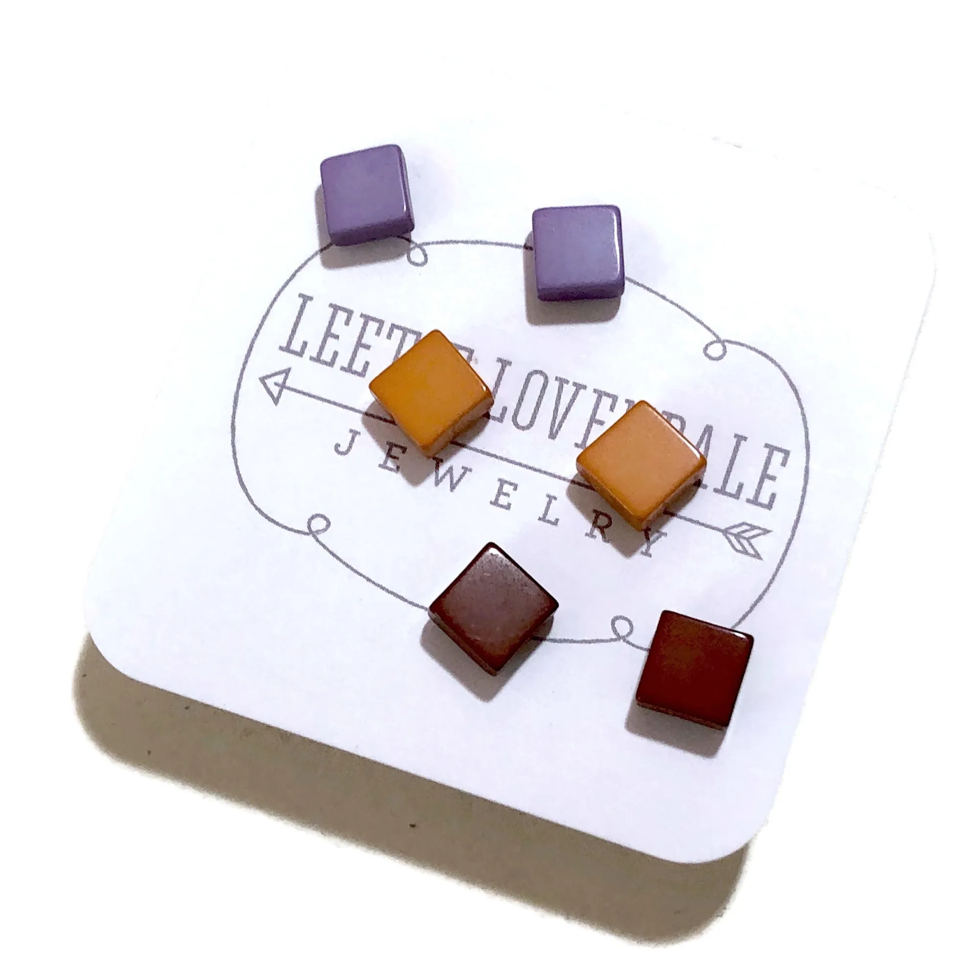 Purple Mustard & Chocolate Minimalist Mod Square Stud Earrings Set