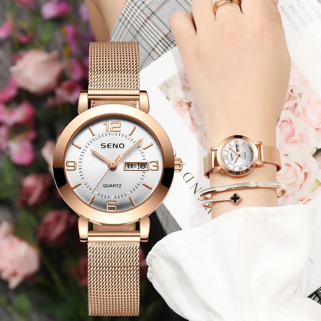 Quartz Watch Non-Mechanical Women's Watch Luminous Waterproof Double Calendar Female Student Steel Strap Watch