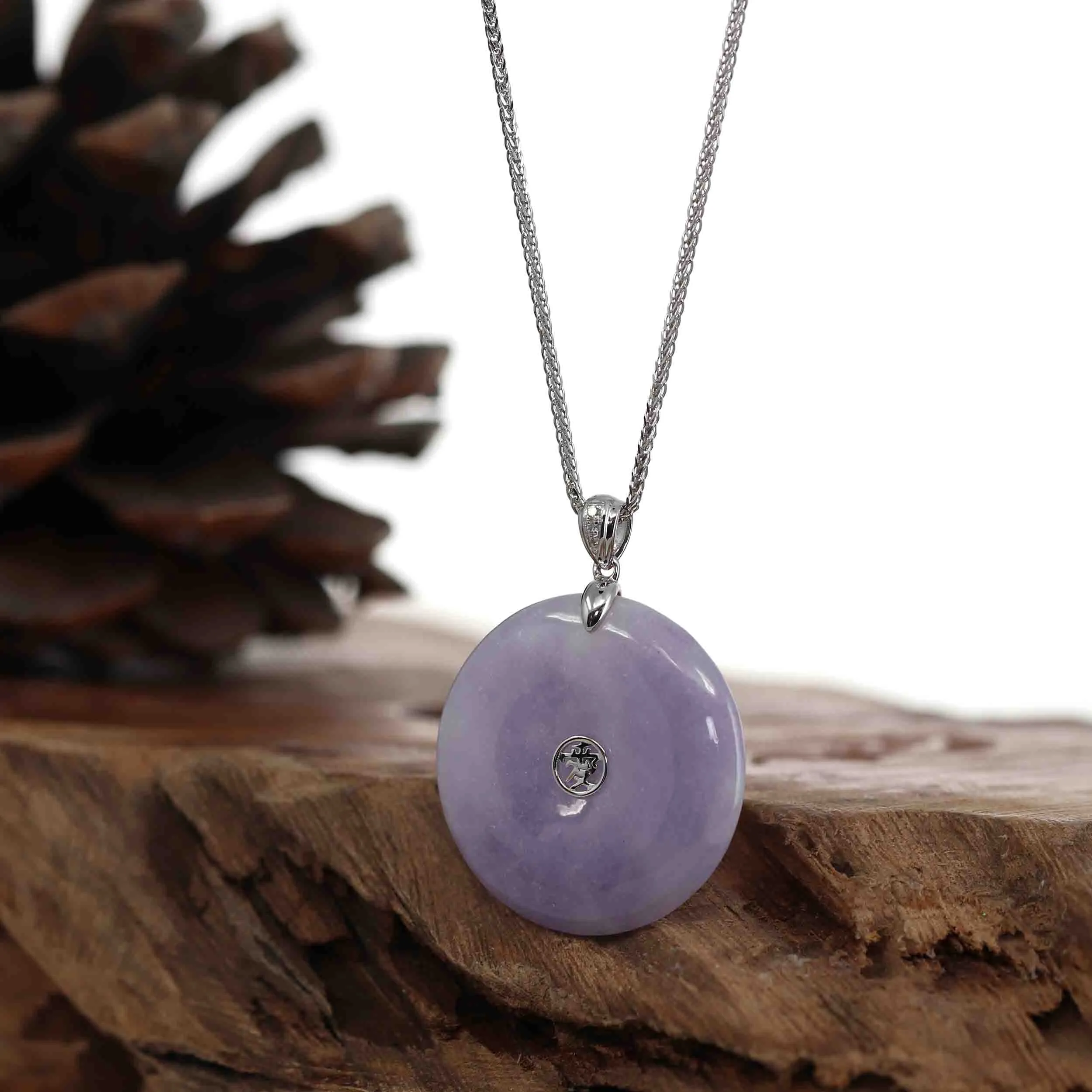 "Good Luck Button" Lavender Jadeite Jade Lucky KouKou Pendant With 14K White Gold VS1 Diamond Bail