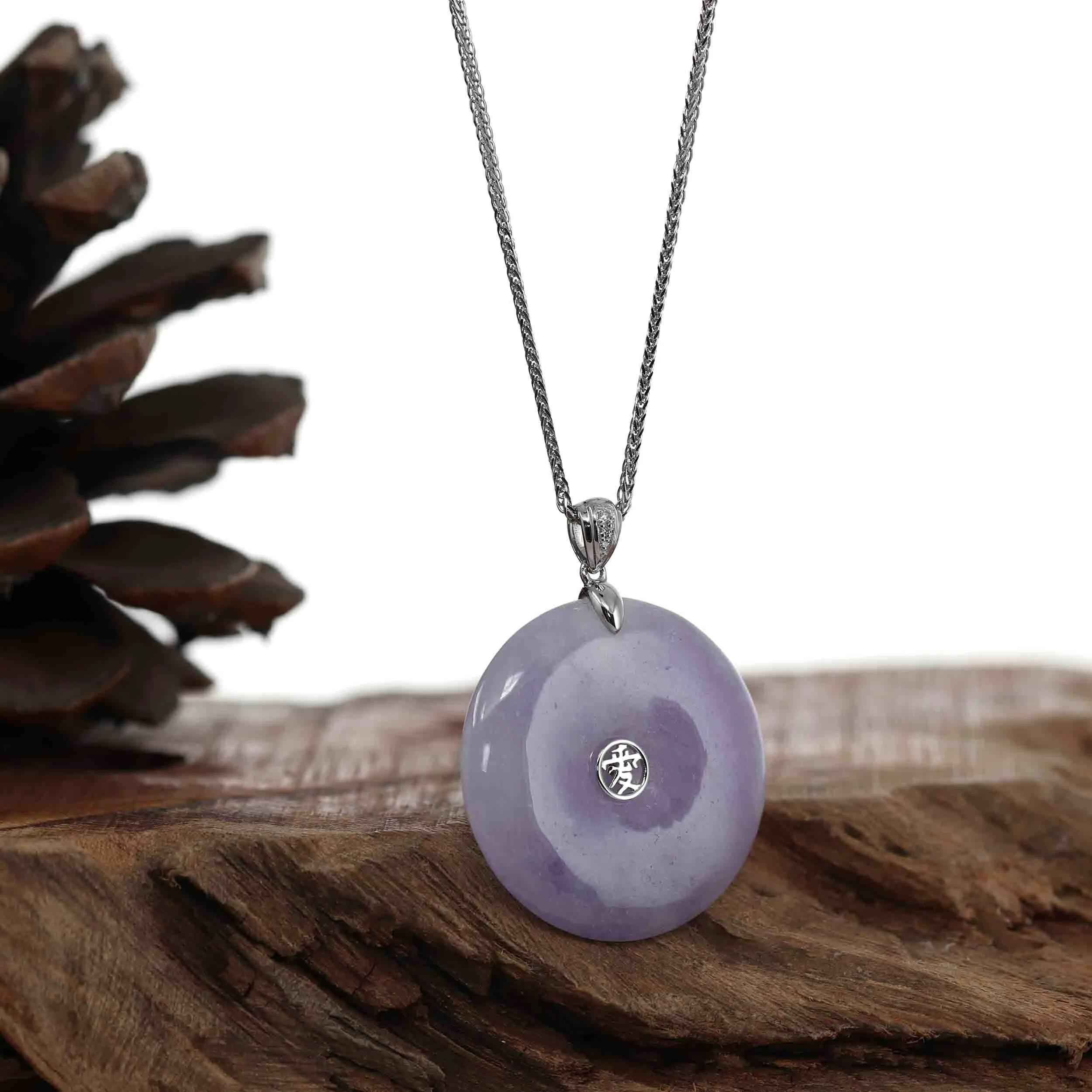 "Good Luck Button" Lavender Jadeite Jade Lucky KouKou Pendant With 14K White Gold VS1 Diamond Bail