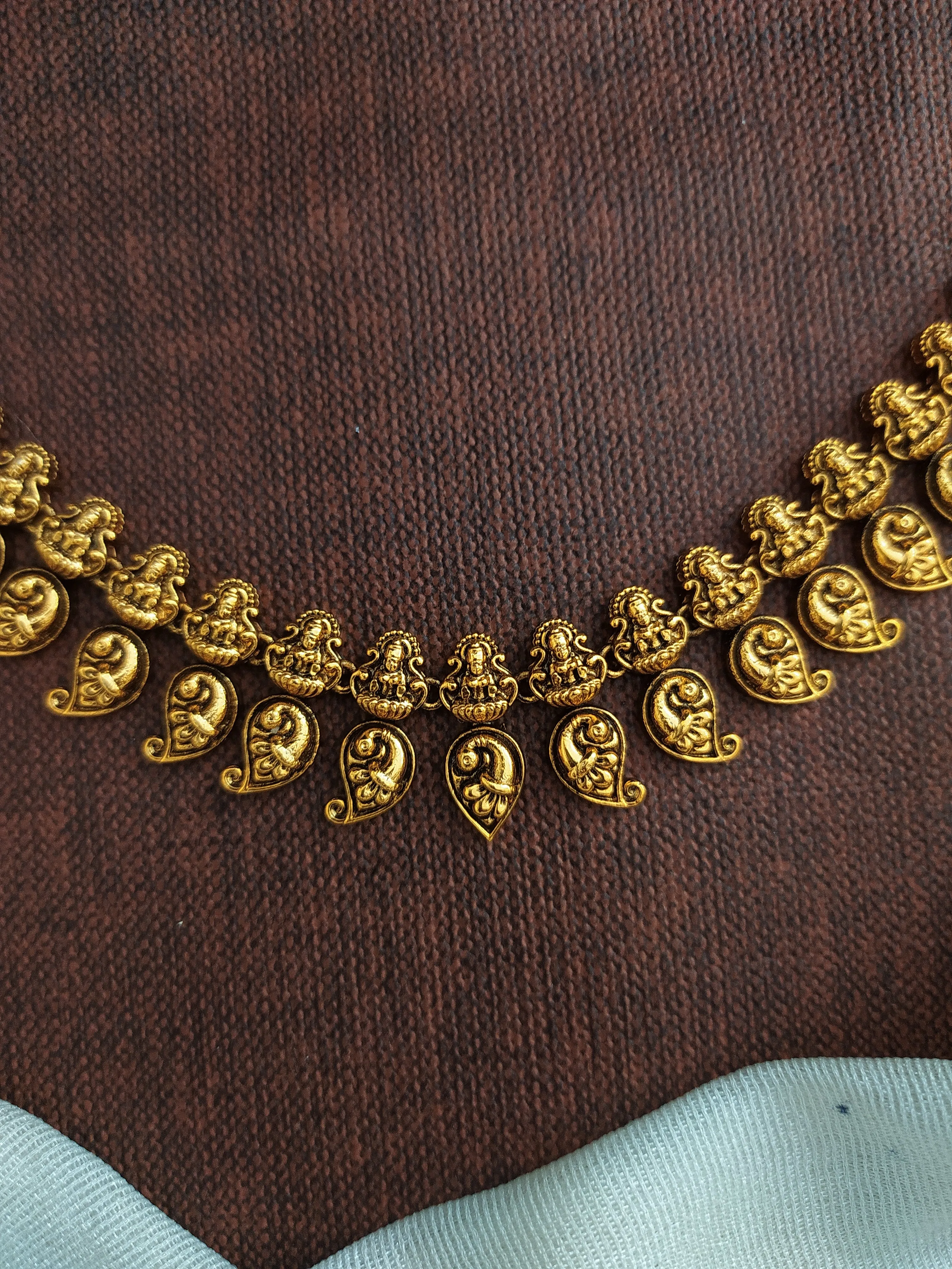 "Traditional Kerala Mango Design Lakshmi Necklace in Plain Antique Gold Finish"