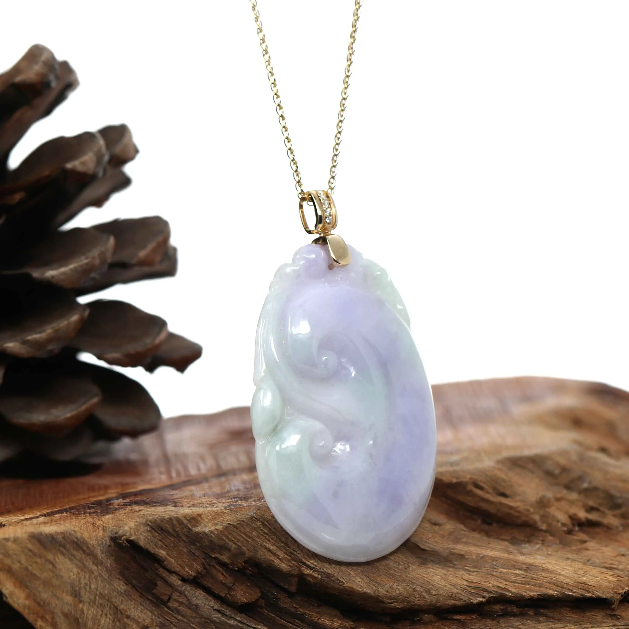 "Wang Shi Ru Yi" Genuine Lavender Green Jadeite Jade Pendant Necklace With 14K Yellow Gold Diamond Bail