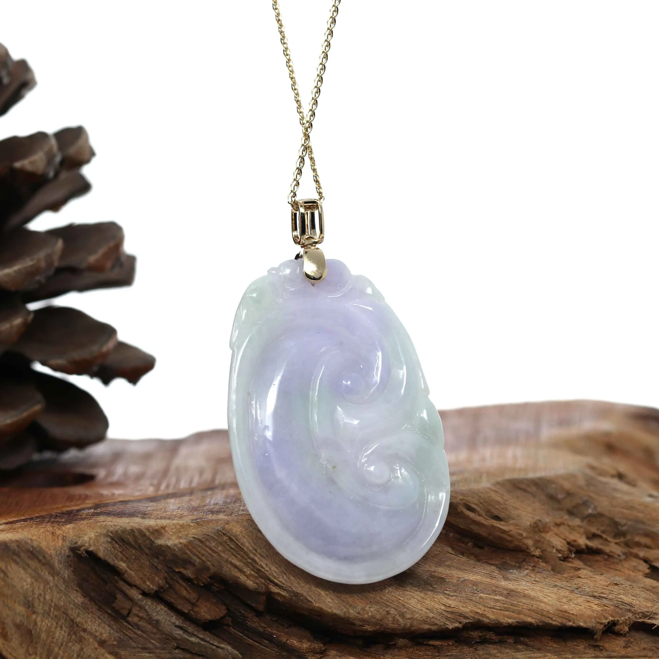 "Wang Shi Ru Yi" Genuine Lavender Green Jadeite Jade Pendant Necklace With 14K Yellow Gold Diamond Bail