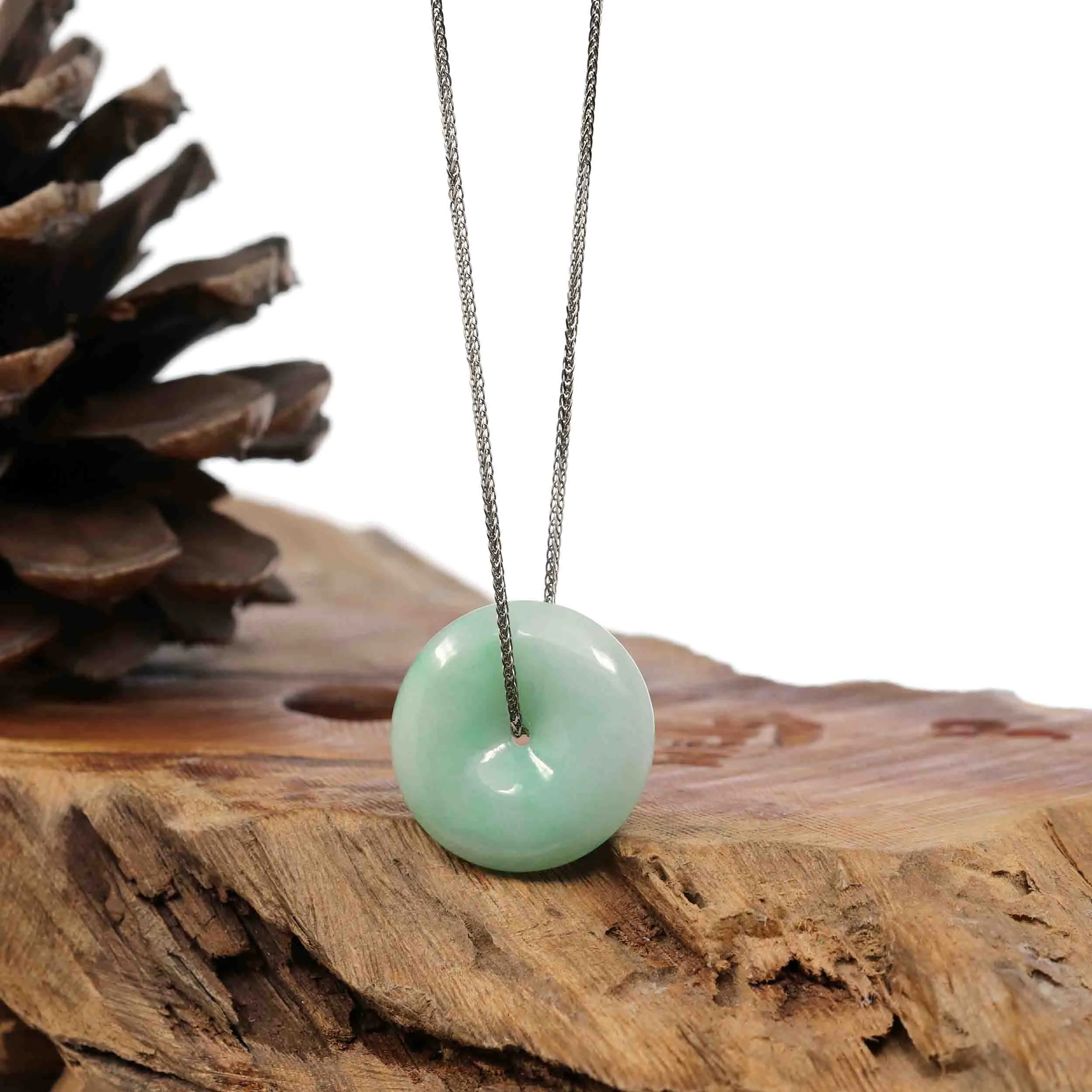 RealJade Co.® "Good Luck Button" Necklace White Green Jadeite Jade Lucky Ping An Kou Pendant