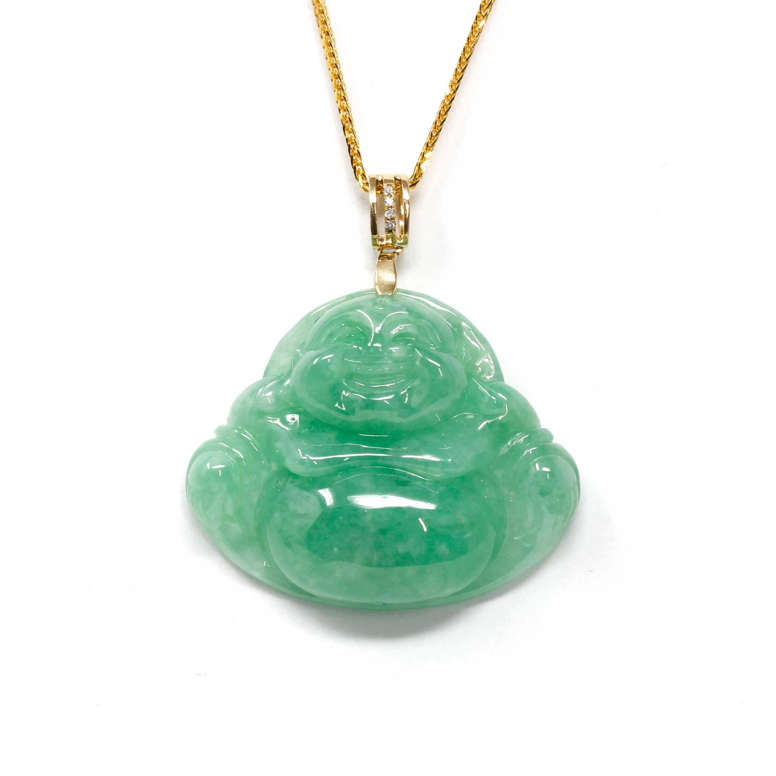 RealJade® Laughing Buddha Genuine Green Jadeite Buddha Pendant Necklace With 18k Yellow Gold Diamond Bail