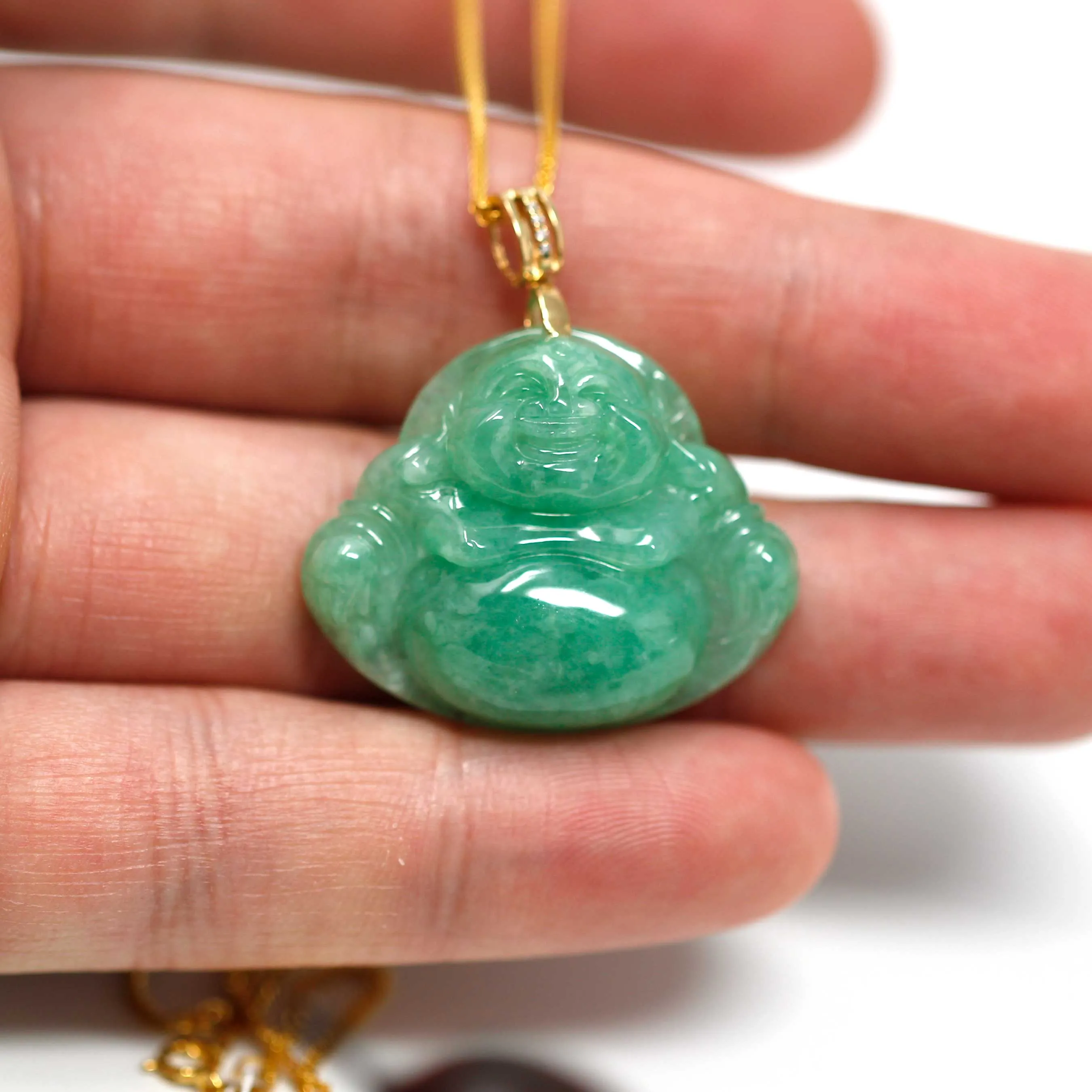 RealJade® Laughing Buddha Genuine Green Jadeite Buddha Pendant Necklace With 18k Yellow Gold Diamond Bail