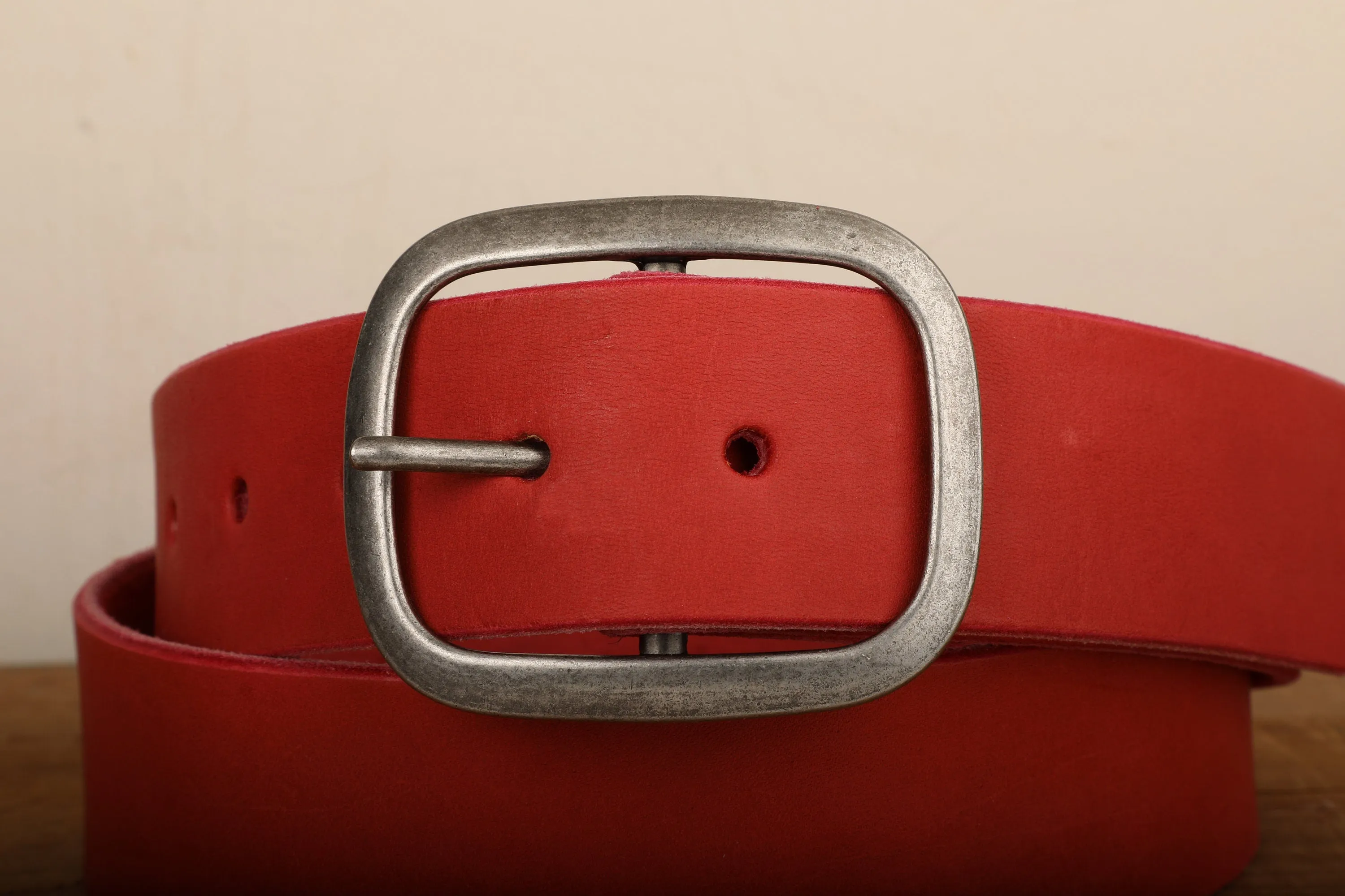 Red Leather Belt - Snap Closure - Handmade in USA - Wide Antique Silver Tone Nickel Buckle