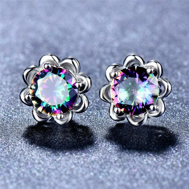 Round Cut Mystic CZ Topaz Gemstone Sterling Silver Stud Earrings