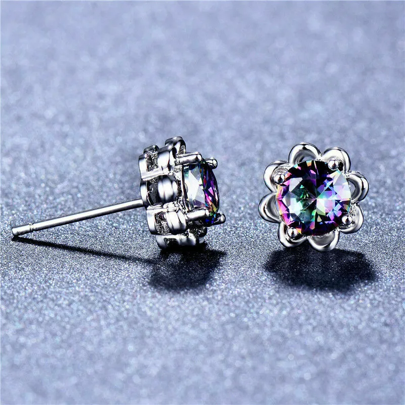 Round Cut Mystic CZ Topaz Gemstone Sterling Silver Stud Earrings