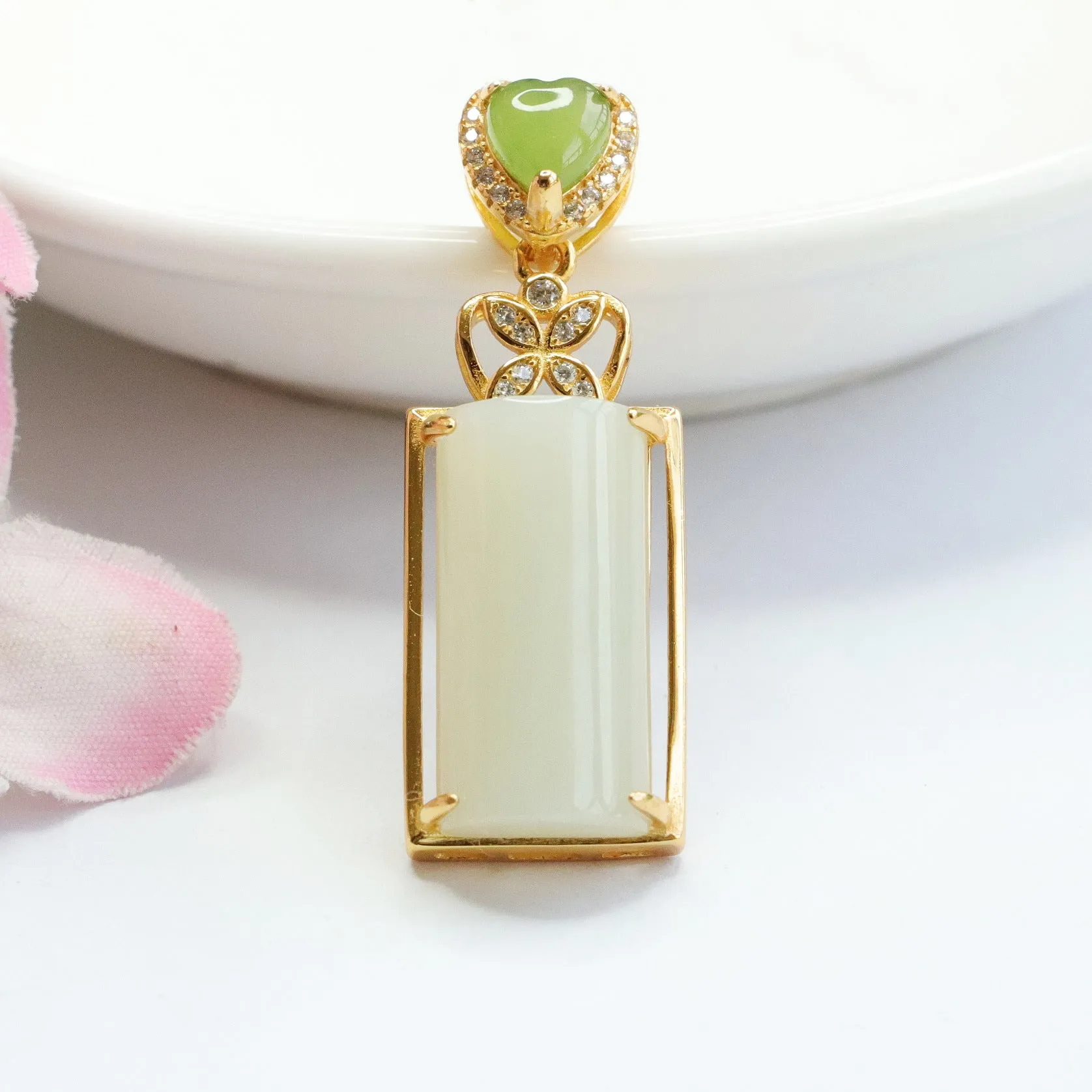 S925 Silver Natural Hetian Jade Pendant Rectangle White Jade Zircon Love Necklace