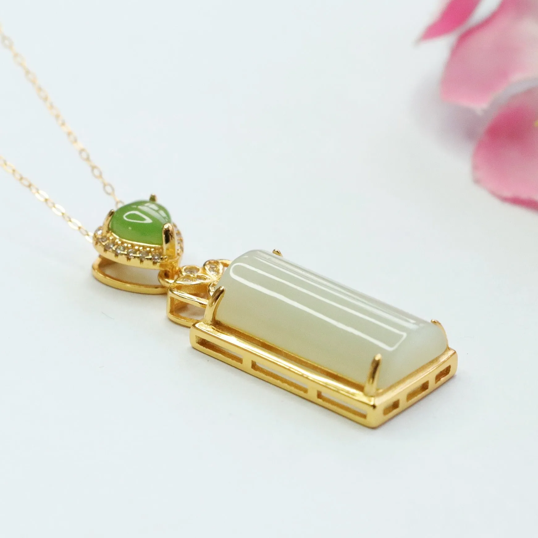 S925 Silver Natural Hetian Jade Pendant Rectangle White Jade Zircon Love Necklace