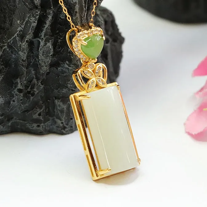 S925 Silver Natural Hetian Jade Pendant Rectangle White Jade Zircon Love Necklace