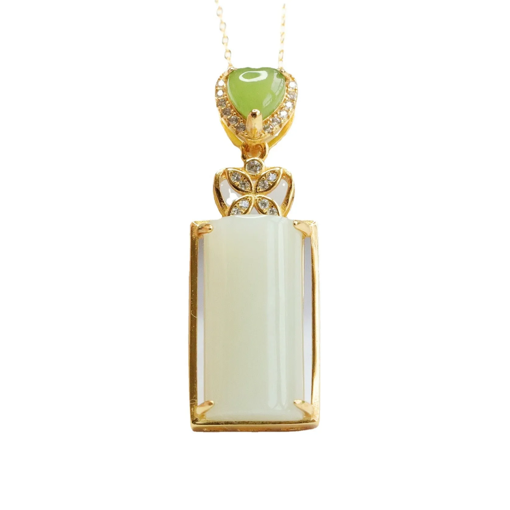 S925 Silver Natural Hetian Jade Pendant Rectangle White Jade Zircon Love Necklace