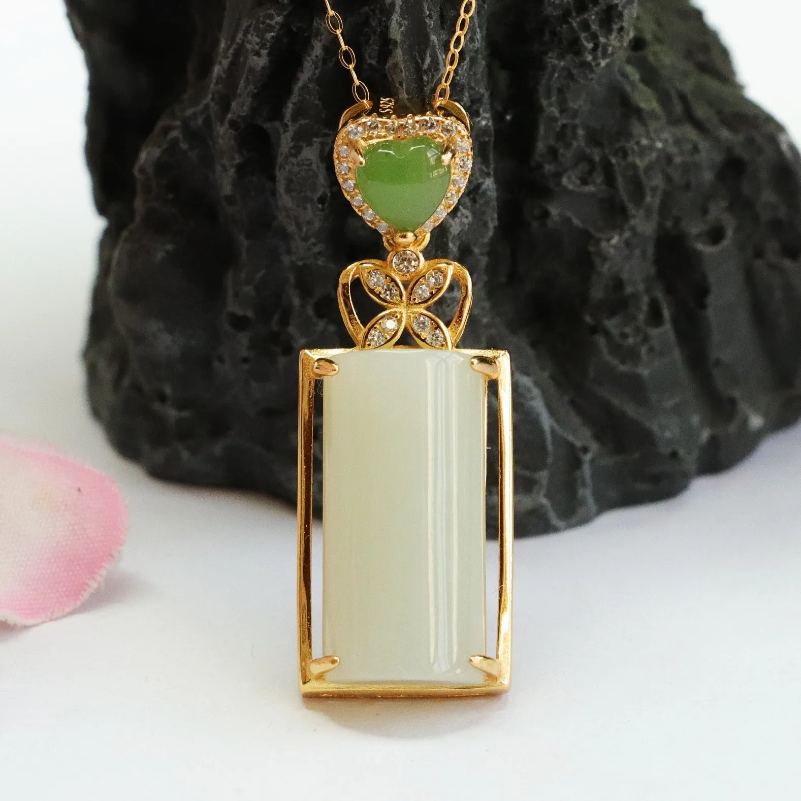 S925 Silver Natural Hetian Jade Pendant Rectangle White Jade Zircon Love Necklace