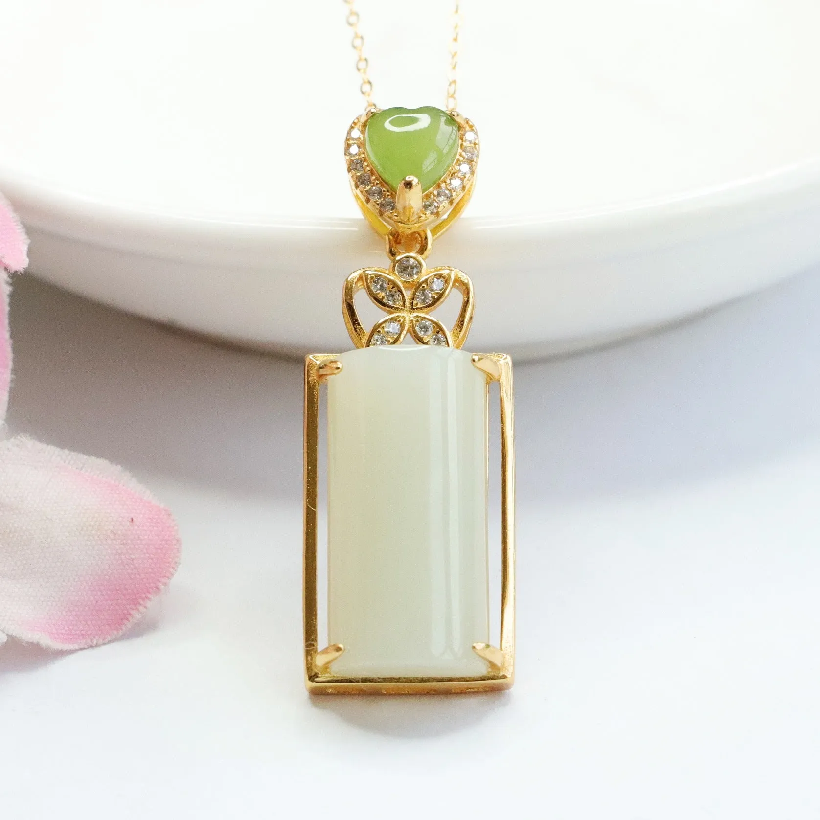 S925 Silver Natural Hetian Jade Pendant Rectangle White Jade Zircon Love Necklace