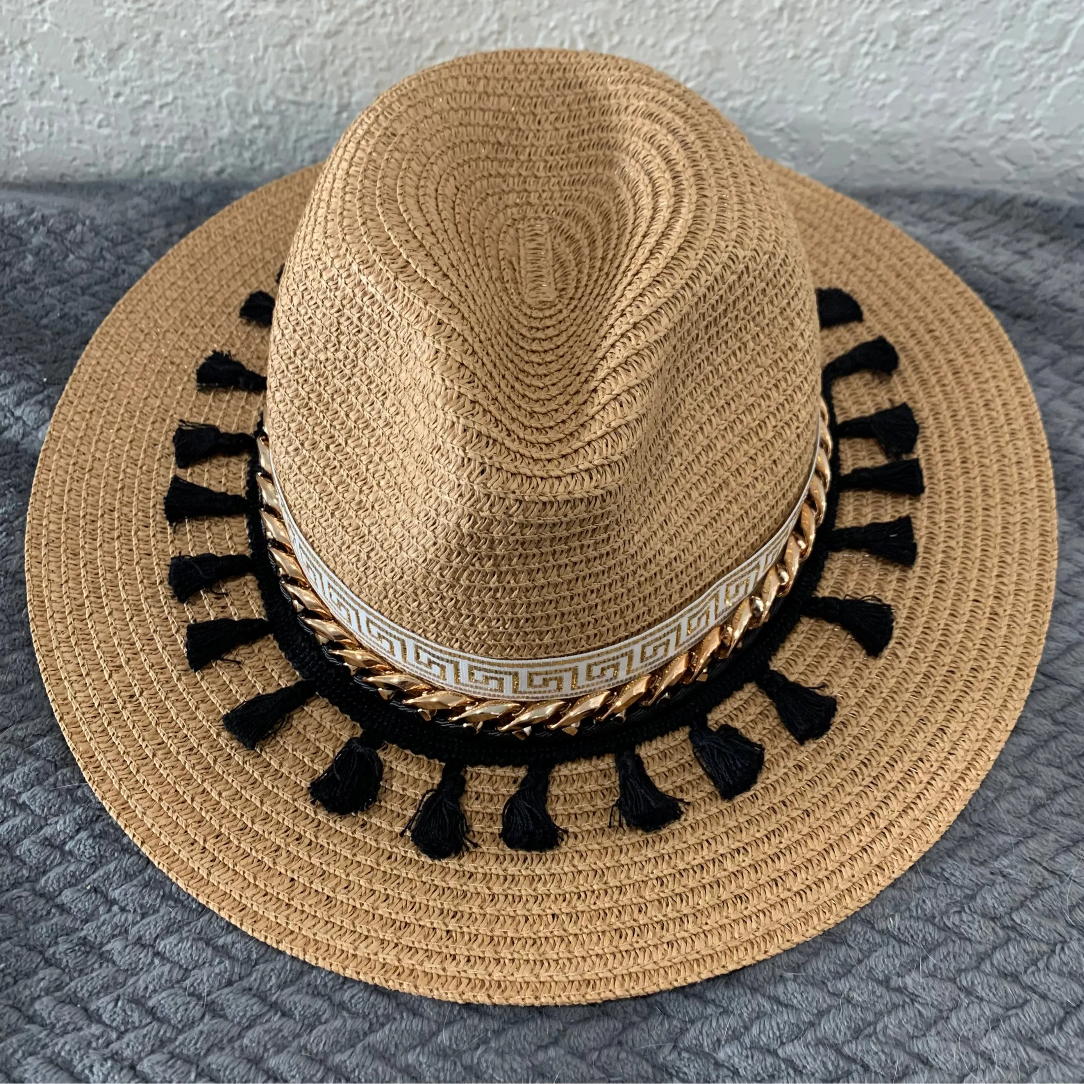 Santorini Straw Hat Handmade with tassels black