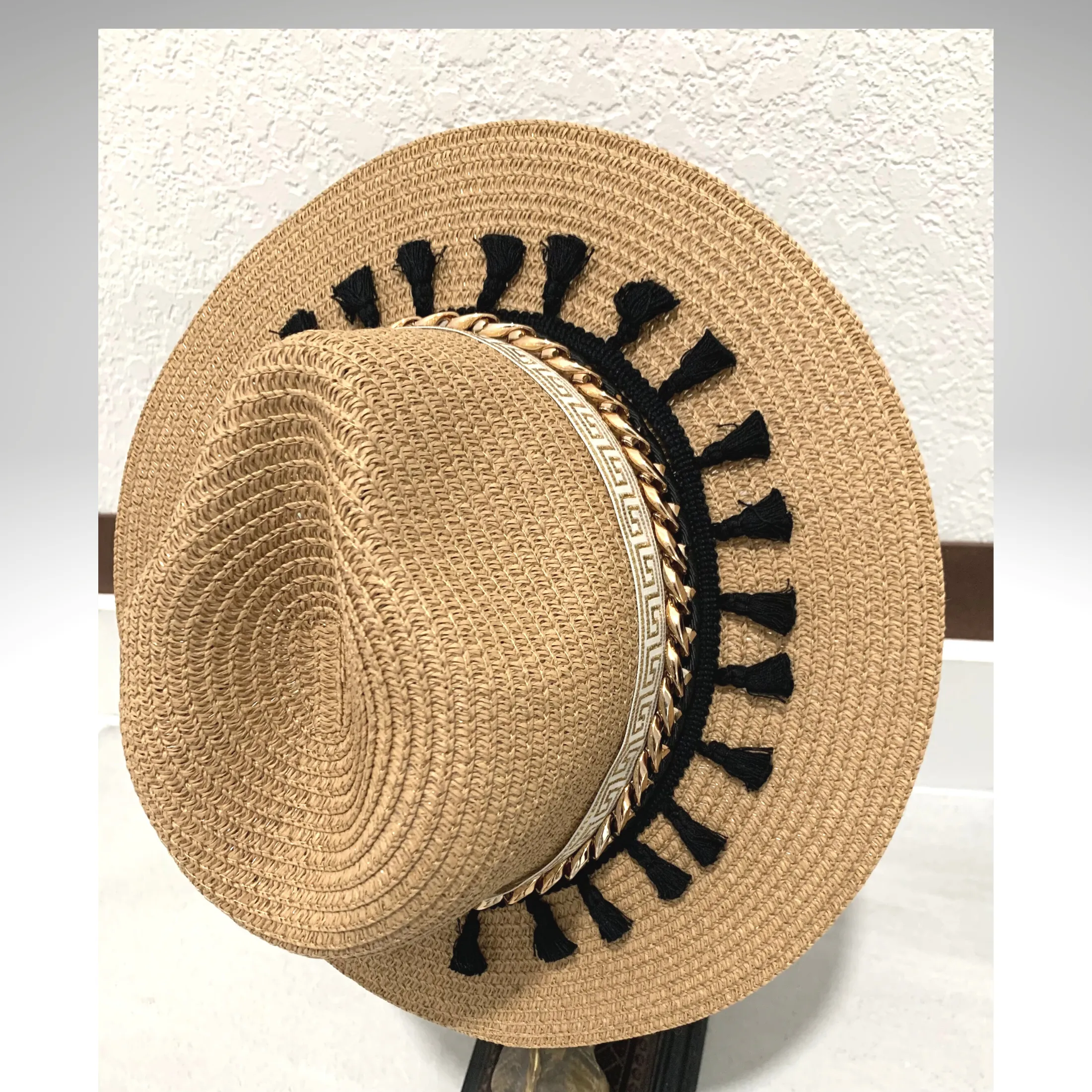 Santorini Straw Hat Handmade with tassels black