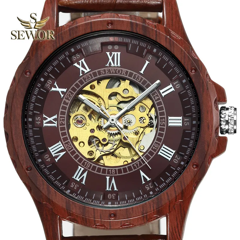 SEWOR 2018 Newest Imitation wood metal Dual digital display of men's automatic mechanical watch C331