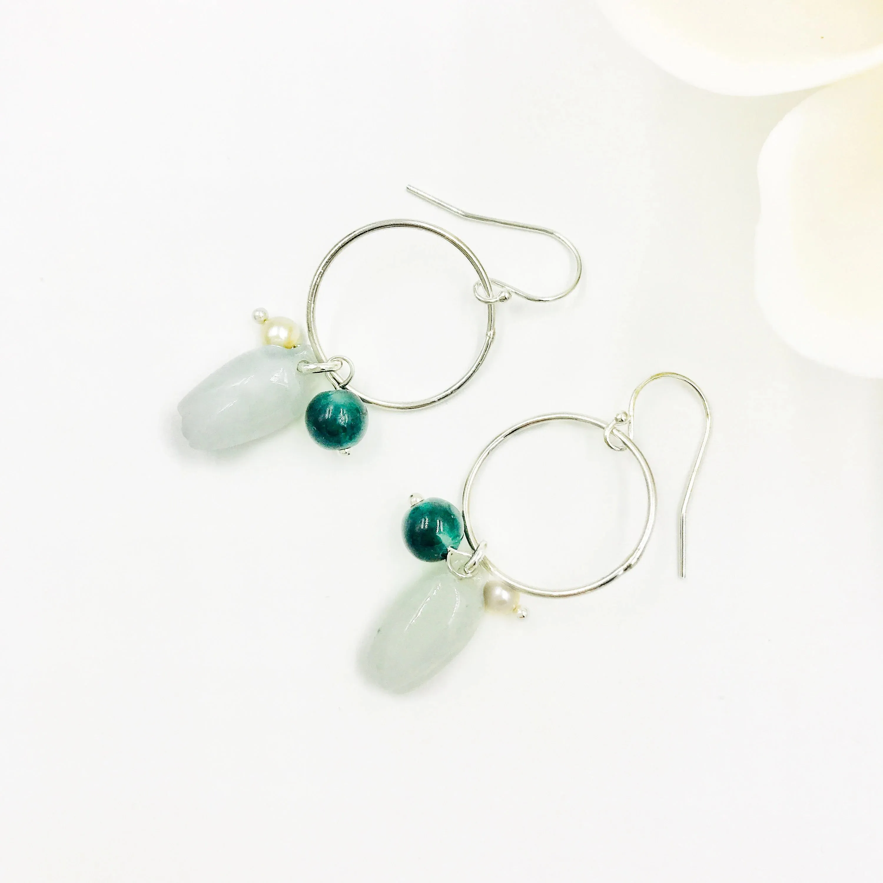 Silver Jade Flower Hoop Earrings