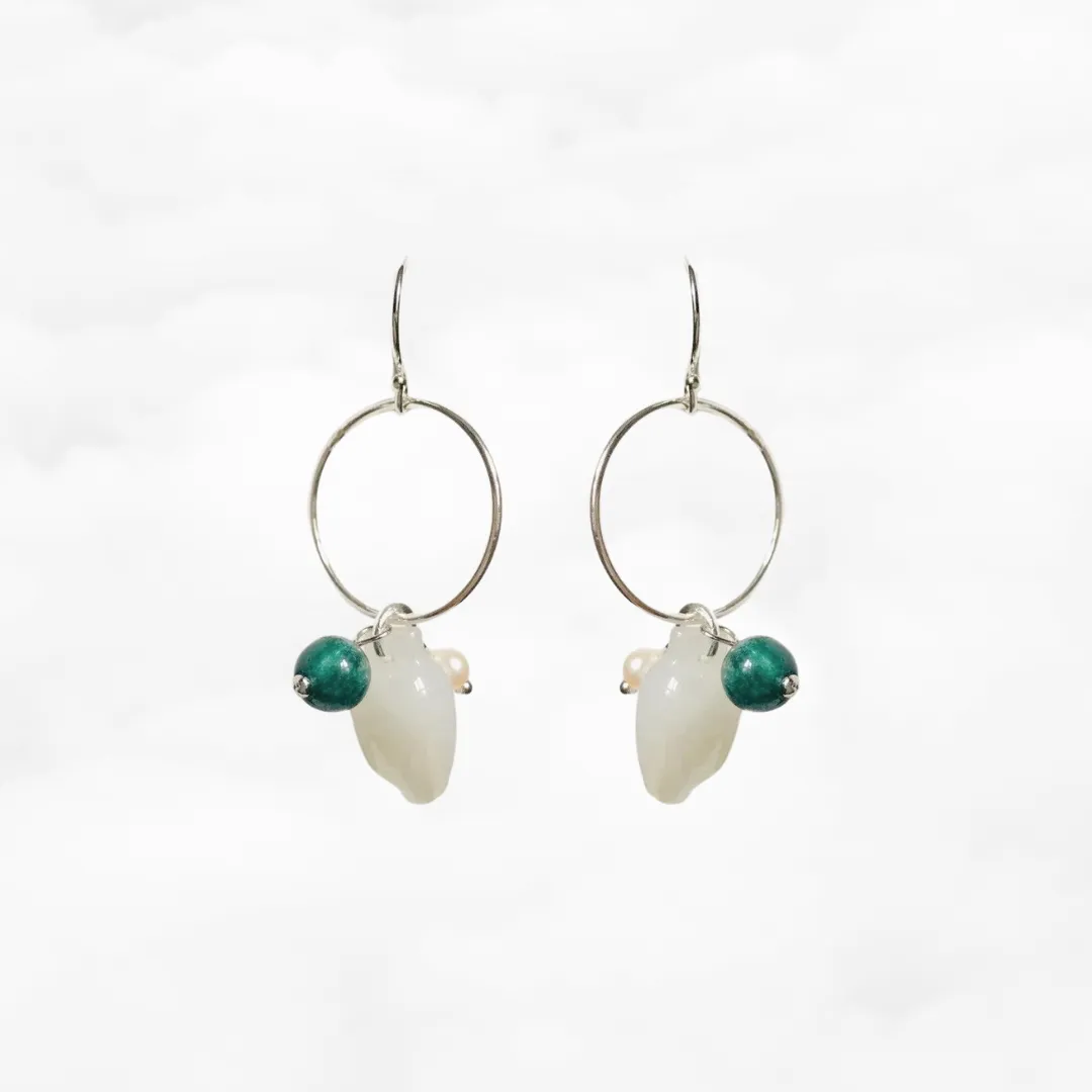 Silver Jade Flower Hoop Earrings