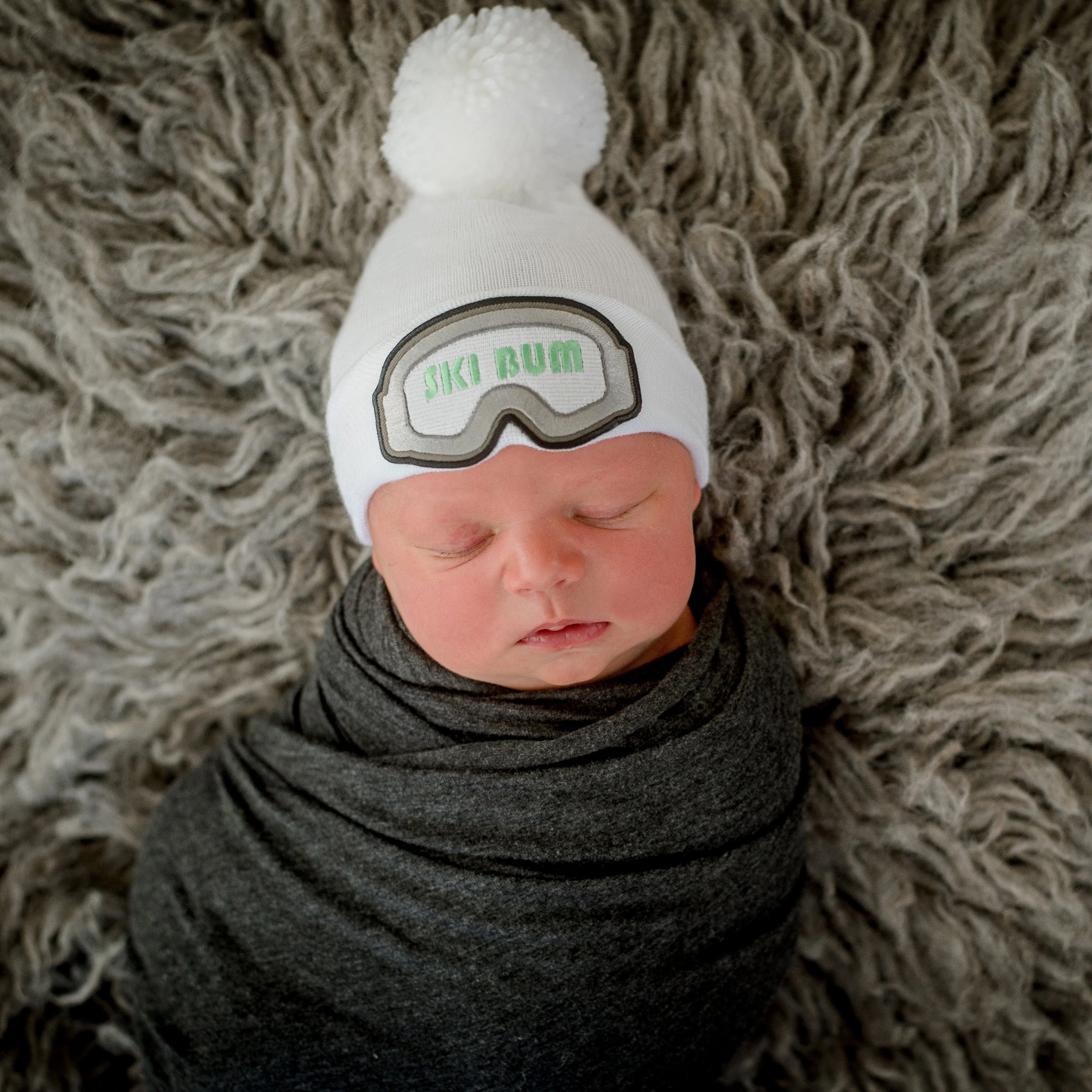 Ski Bum- Newborn Ski Bum White Hat - Newborn Skiing Hat - White Hat with White Pom Pom