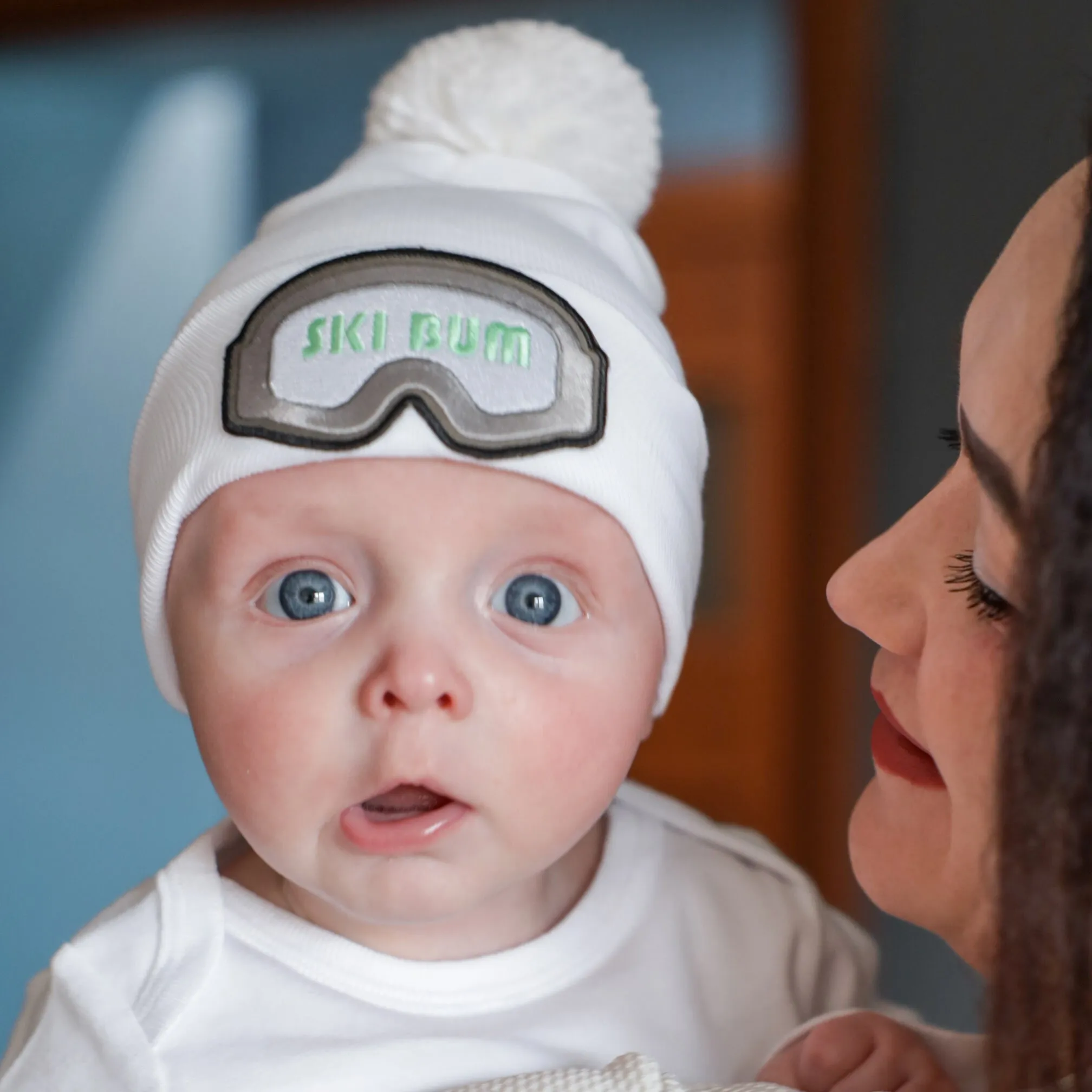 Ski Bum- Newborn Ski Bum White Hat - Newborn Skiing Hat - White Hat with White Pom Pom