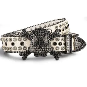 Skull Head Crystal Rhinestone Studded Leather Belt