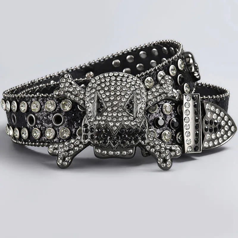 Skull Head Crystal Rhinestone Studded Leather Belt