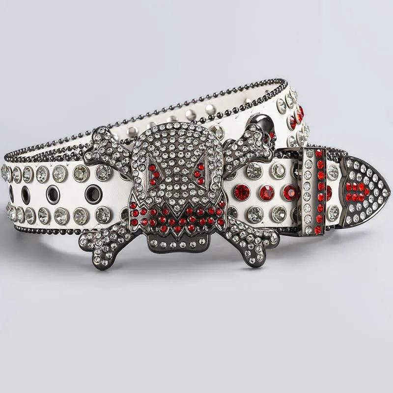 Skull Head Crystal Rhinestone Studded Leather Belt