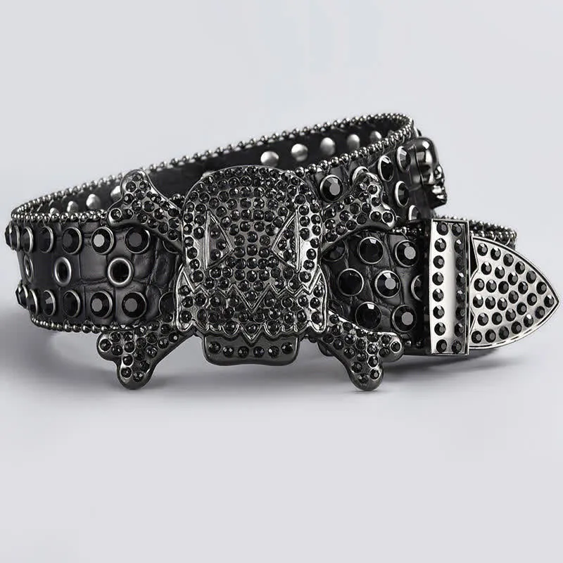 Skull Head Crystal Rhinestone Studded Leather Belt