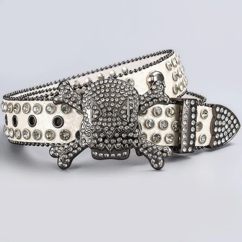 Skull Head Crystal Rhinestone Studded Leather Belt