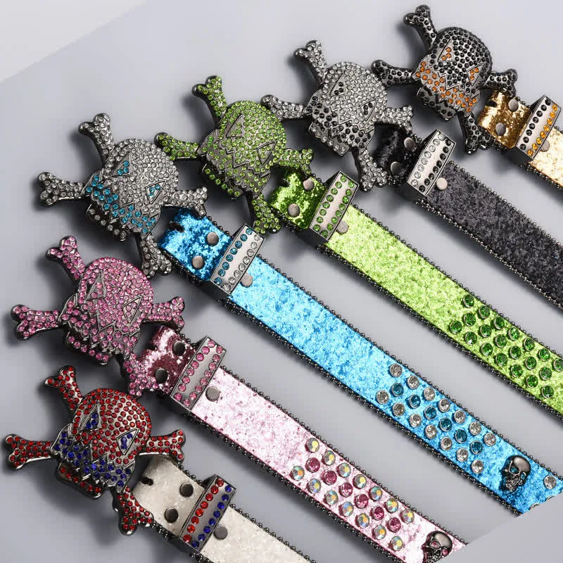 Skull Head Crystal Rhinestone Studded Leather Belt