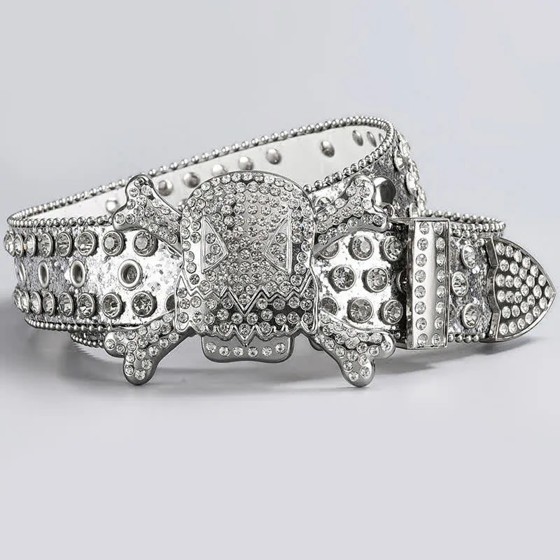 Skull Head Crystal Rhinestone Studded Leather Belt