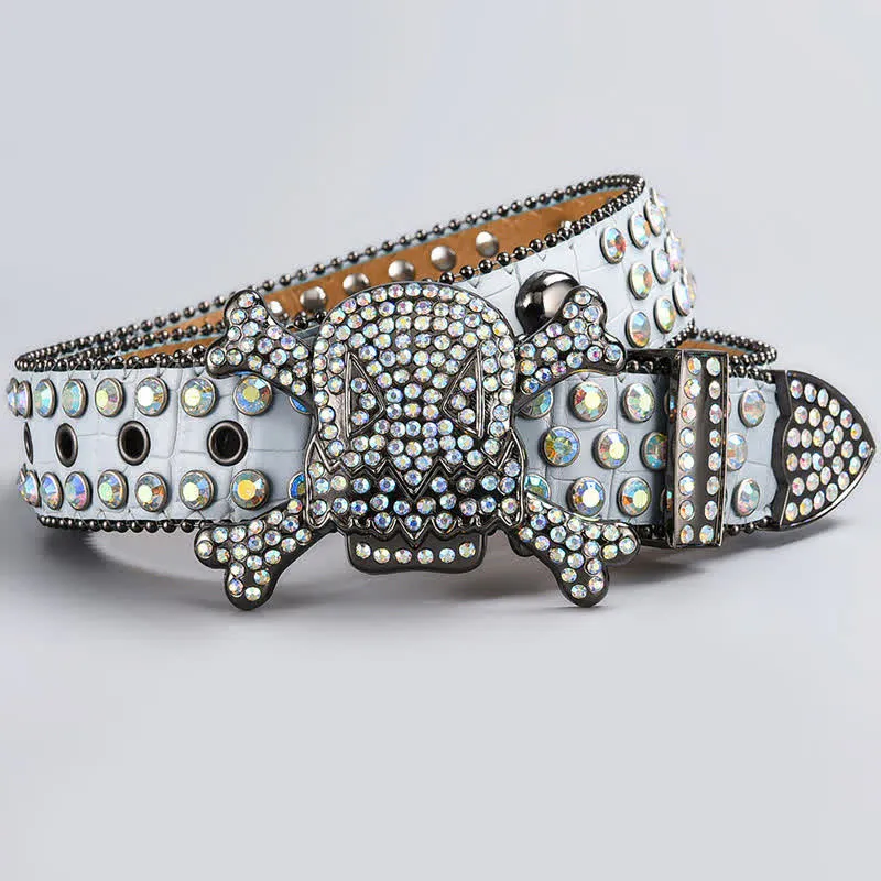 Skull Head Crystal Rhinestone Studded Leather Belt