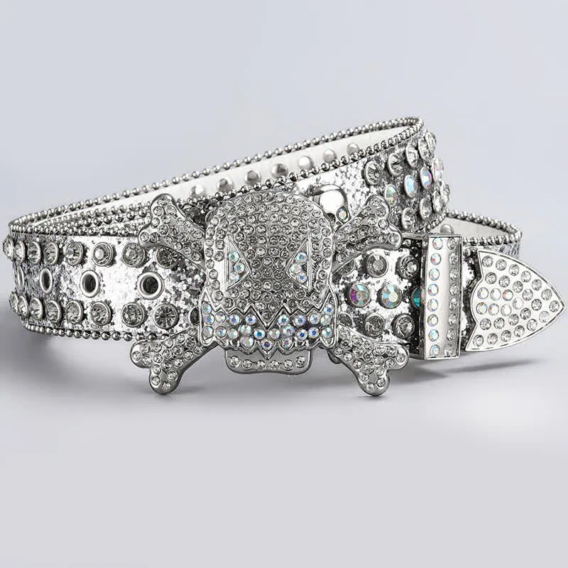 Skull Head Crystal Rhinestone Studded Leather Belt