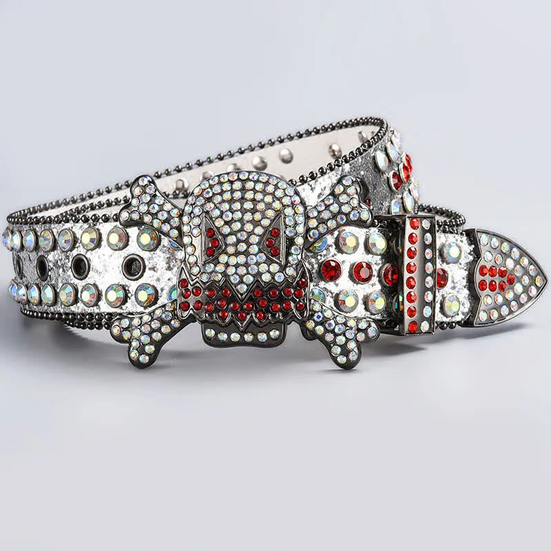 Skull Head Crystal Rhinestone Studded Leather Belt