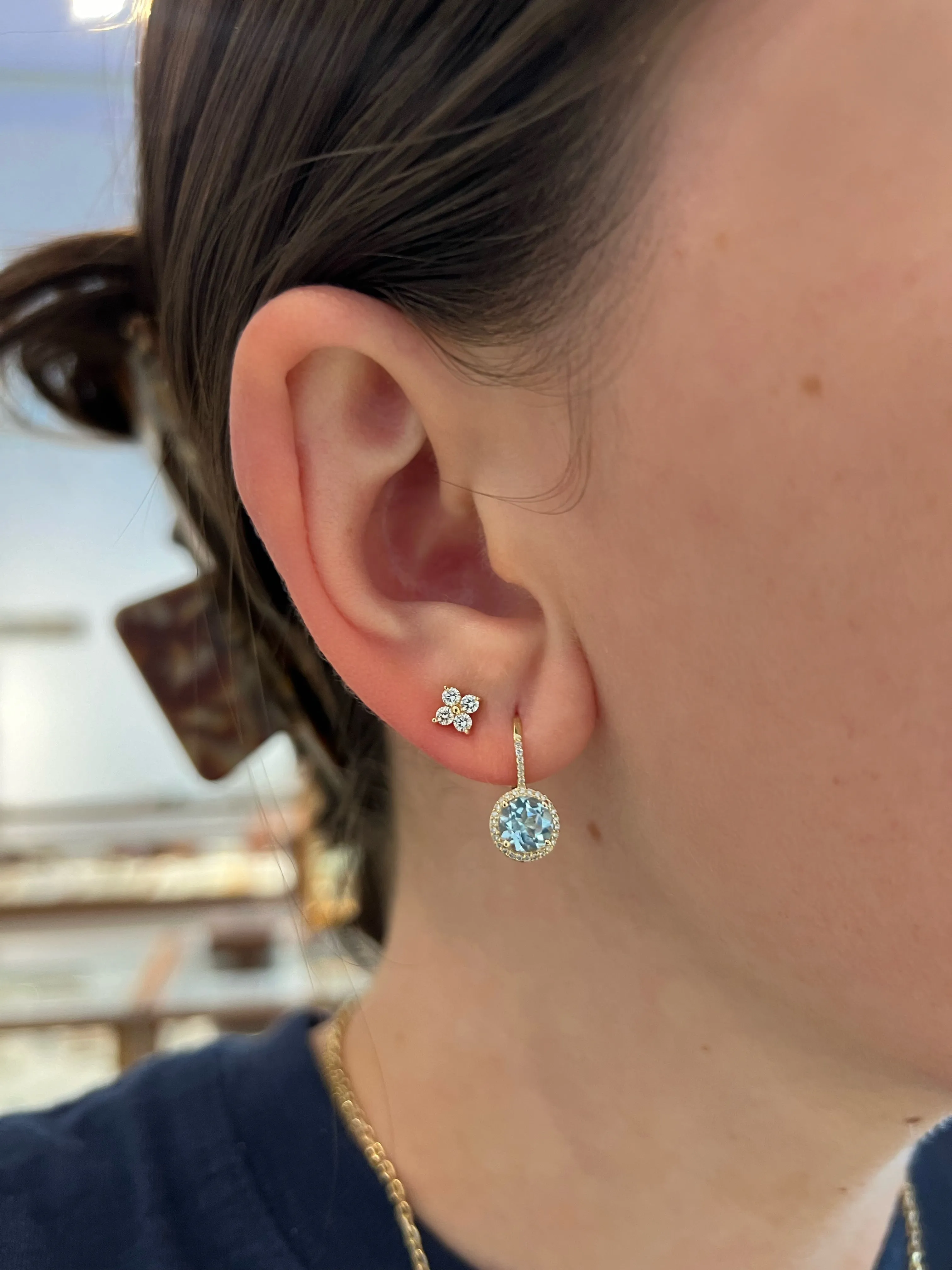 Sky Blue Topaz & Diamond Halo Leverback Earrings