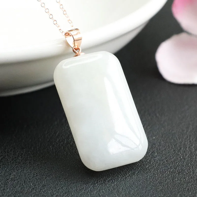 Smooth Rectangle White Hetian Jade Necklace with Sterling Silver Pendant