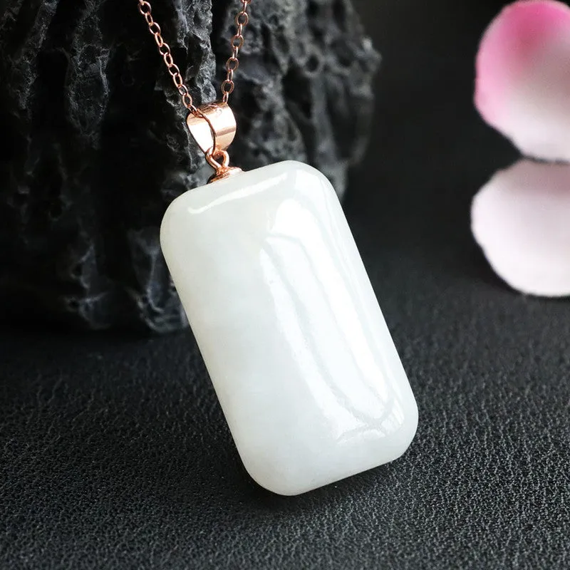 Smooth Rectangle White Hetian Jade Necklace with Sterling Silver Pendant