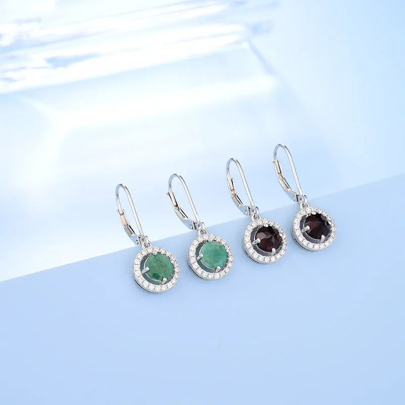 Soleste Halo Round Cut Natural Gemstone Silver Drop Earrings