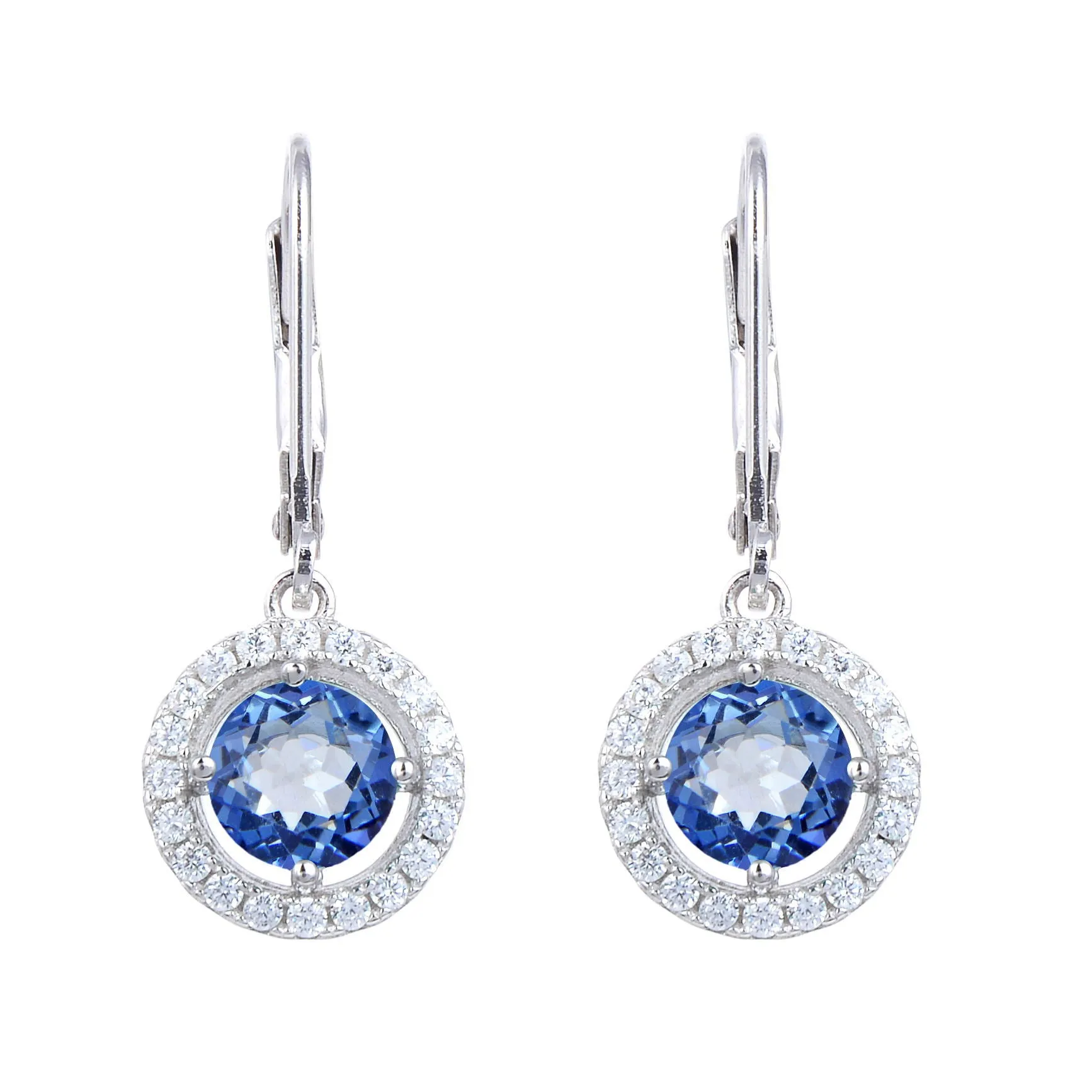 Soleste Halo Round Cut Natural Gemstone Silver Drop Earrings