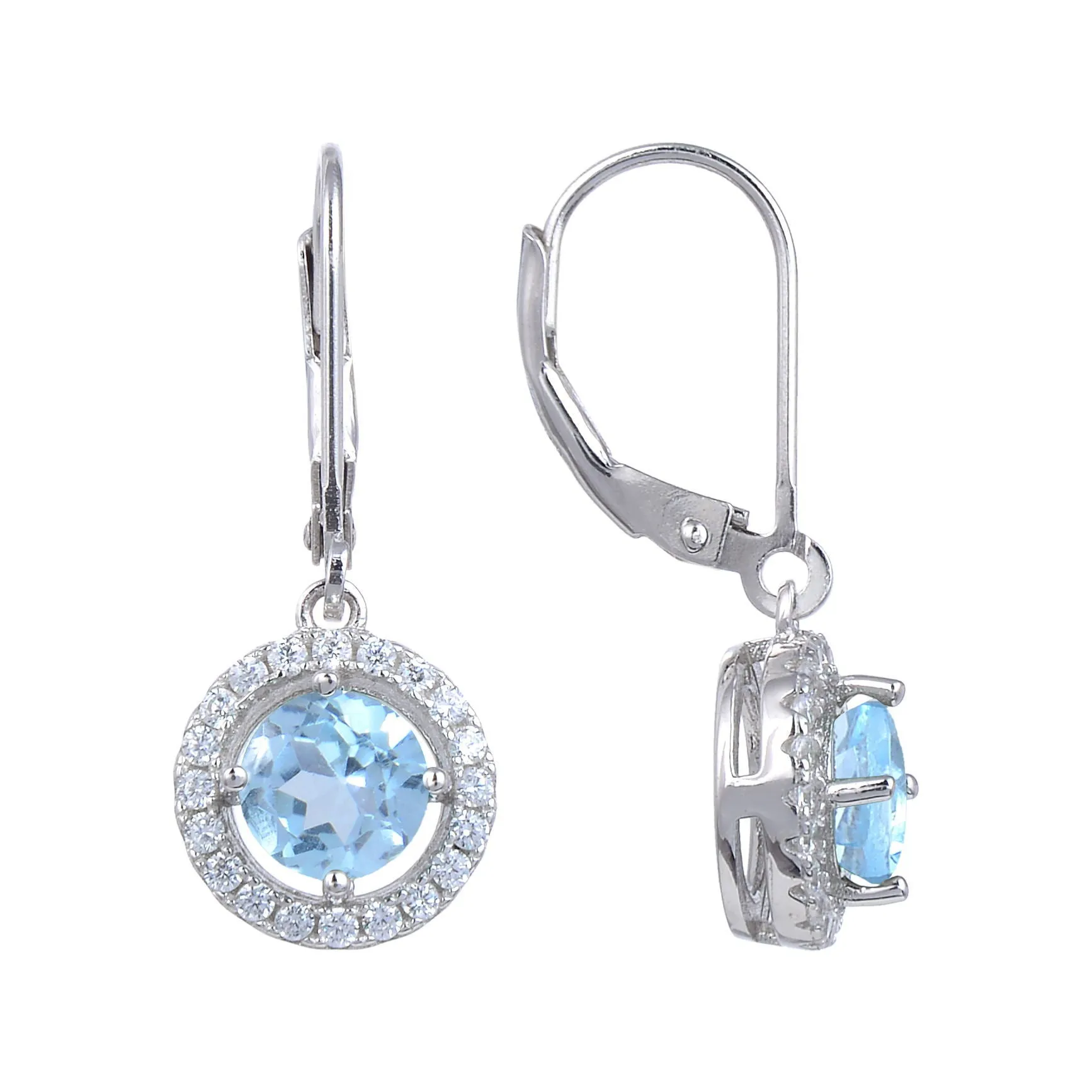 Soleste Halo Round Cut Natural Gemstone Silver Drop Earrings