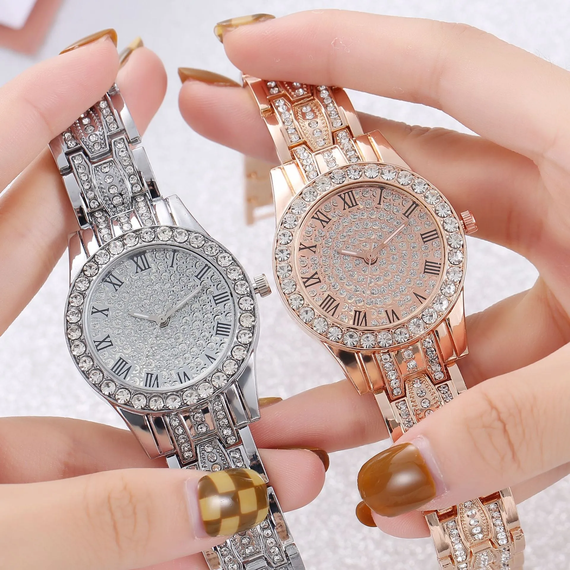 Starry Women's Diamond Fashion Numbers Watch Pearlescent Shiny Steel Strap Quartz Watch