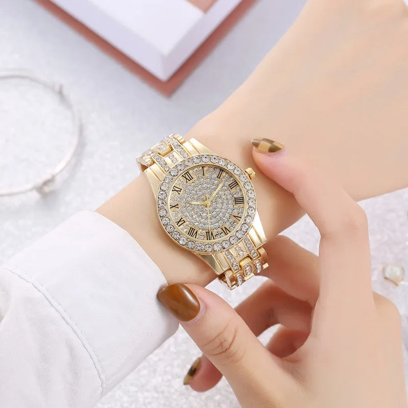 Starry Women's Diamond Fashion Numbers Watch Pearlescent Shiny Steel Strap Quartz Watch