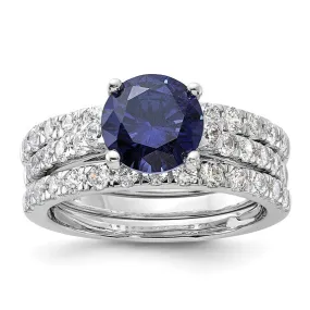 Sterling Silver 3-Piece Blue CZ 8mm Round Wedding Ring Set