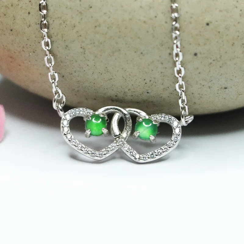 Sterling Silver Double Hollow Love Zircon Necklace with Natural Ice Emperor Green Jade