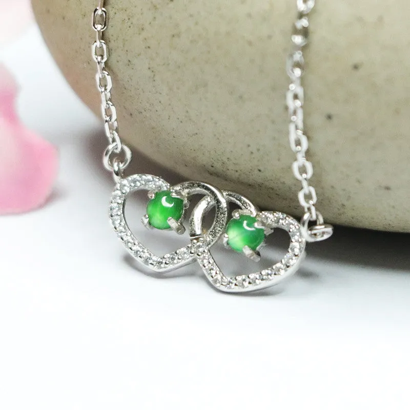 Sterling Silver Double Hollow Love Zircon Necklace with Natural Ice Emperor Green Jade