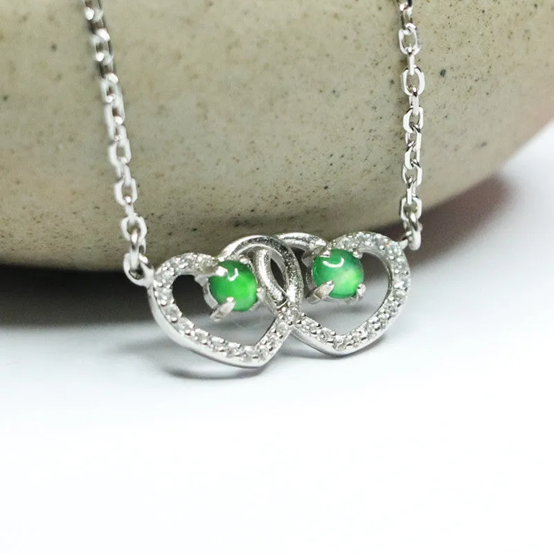 Sterling Silver Double Hollow Love Zircon Necklace with Natural Ice Emperor Green Jade