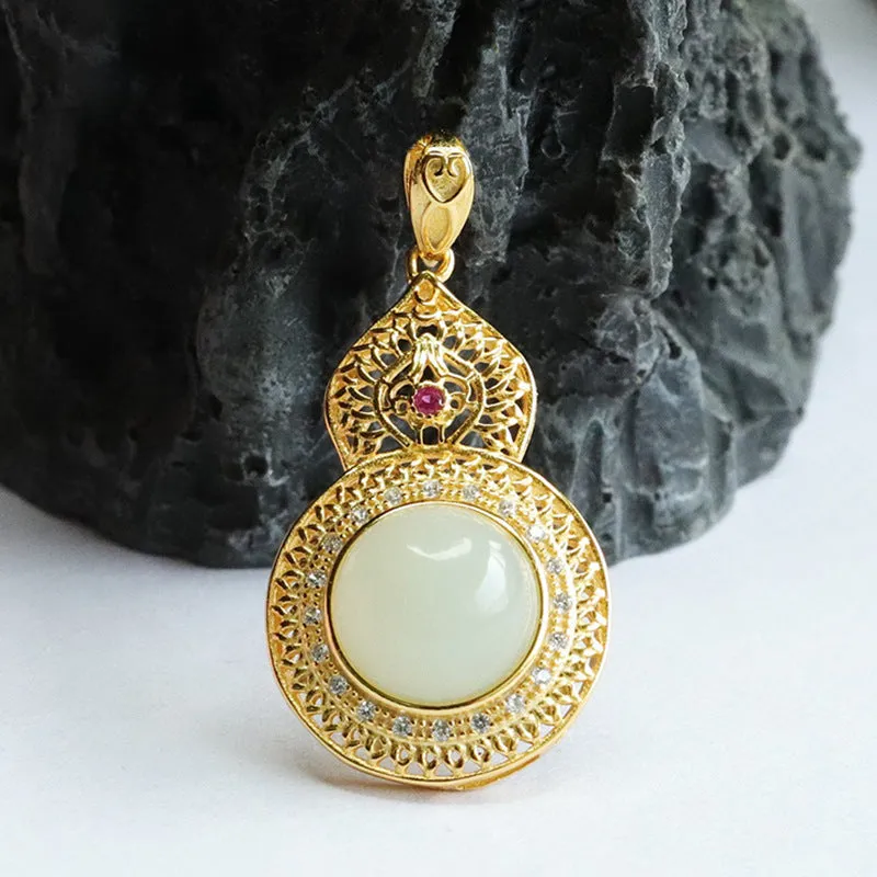 Sterling Silver Hollow Gourd Necklace with Natural Hotan Jade Pendant