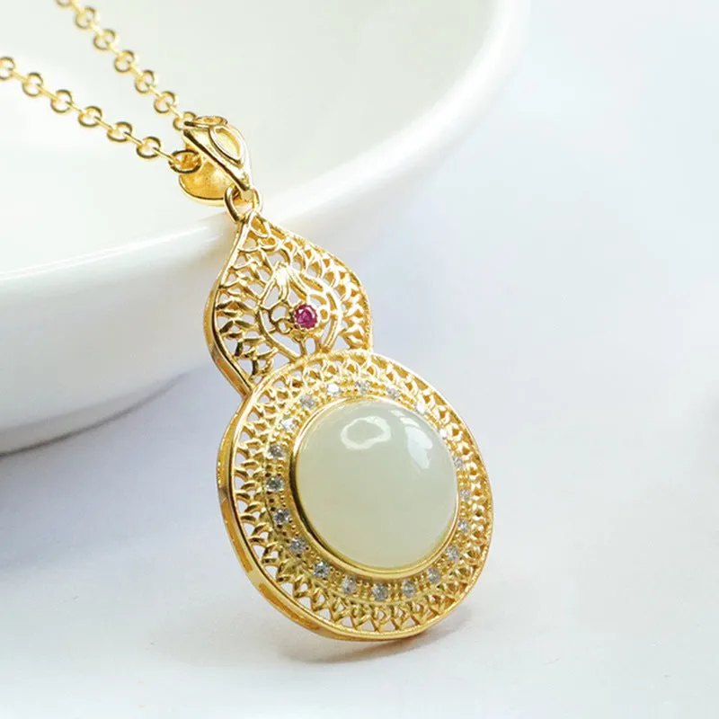 Sterling Silver Hollow Gourd Necklace with Natural Hotan Jade Pendant